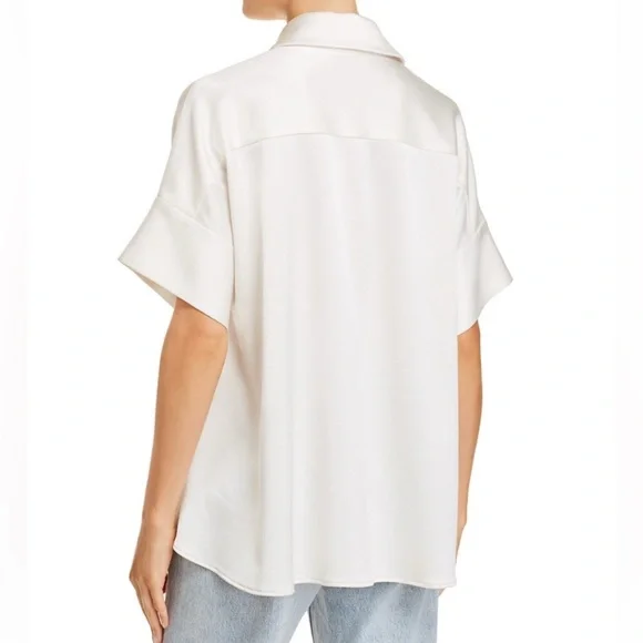 Alice and Olivia Edythn Short Sleeve Collared Silky Button Down Blouse Shirt Top - Picture 2 of 7